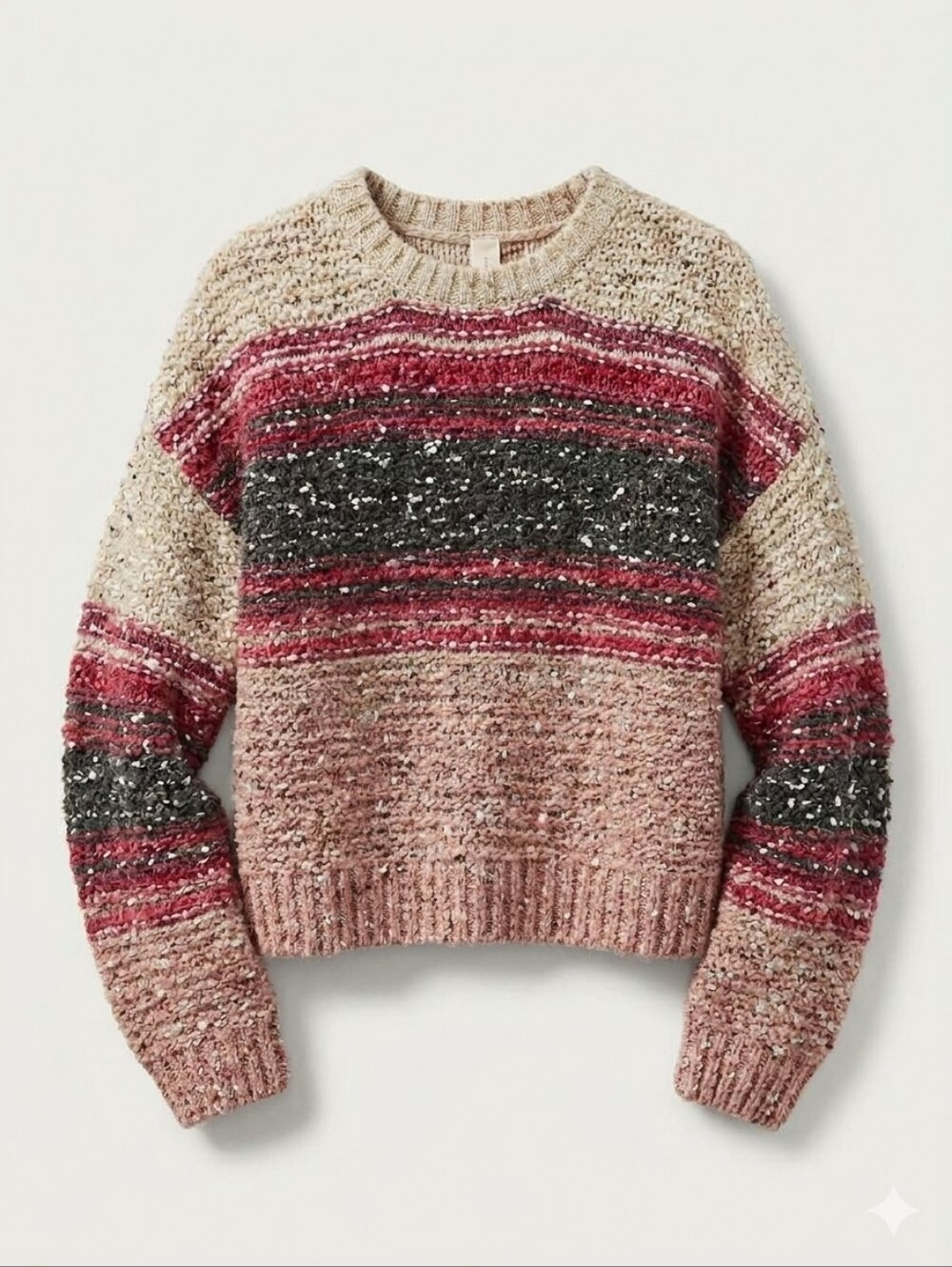 Pilcro Striped Bouclé Crewneck Chunky Sweater in Pink, Charcoal & Cream Size M